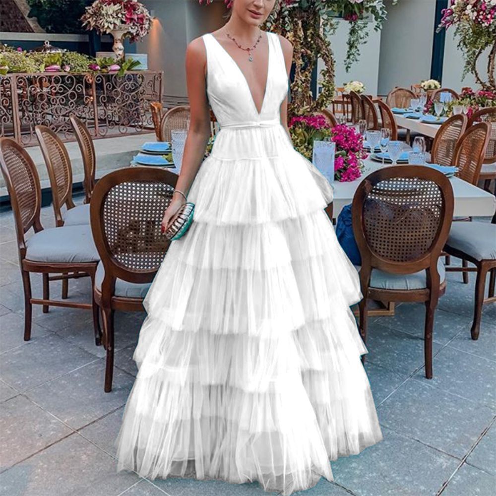 Deep V Neck Tiered Ruffle Tulle Maxi Formal Gown Dress