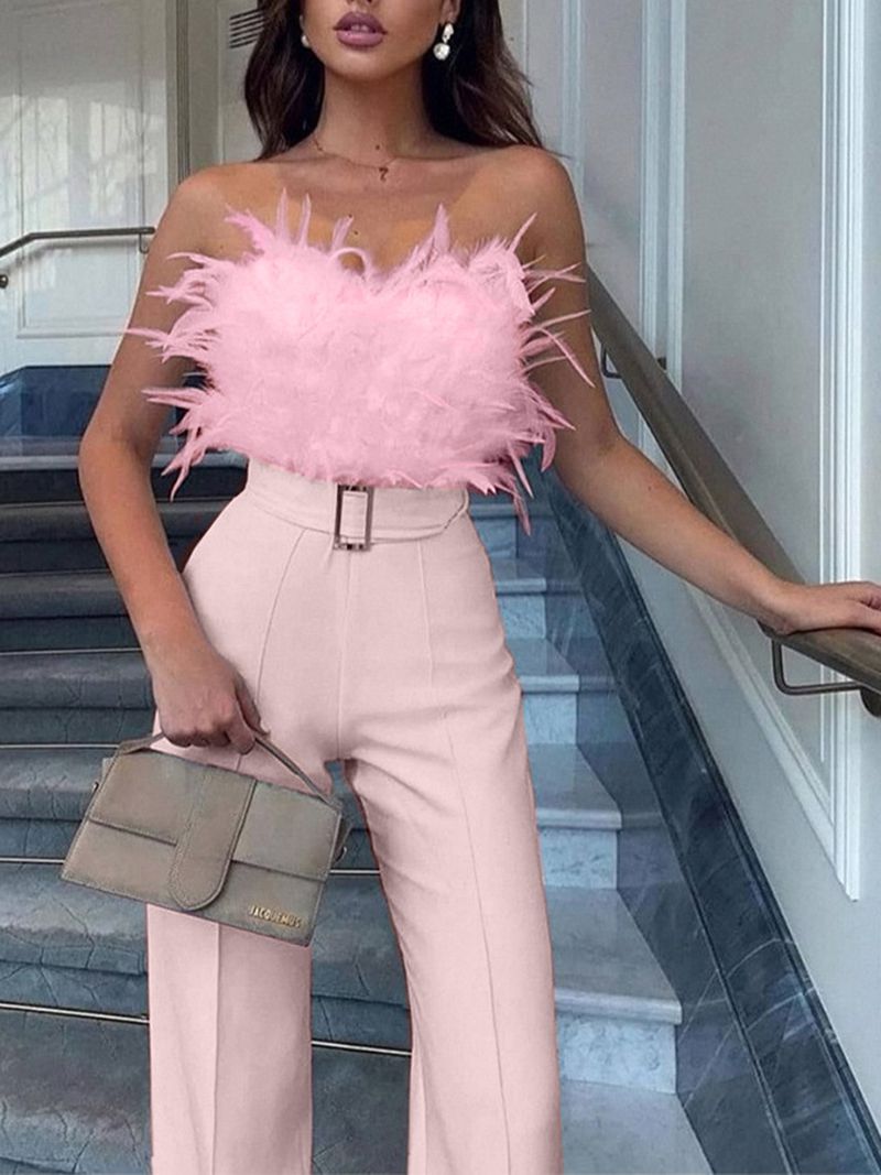 Designer Strapless Feather Bandeau Wide Leg Palazzo Jumpsuit