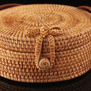 Boho Handmade Round Woven Handbag Bali Rattan Crossbody Beach Bag