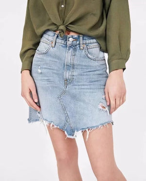 Vintage Washed Distressed Notched Light Denim Mini Skirt – sunifty