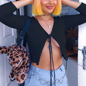 Sexy Ribbed Tie Front Crop Top T Shirt Long Sleeve