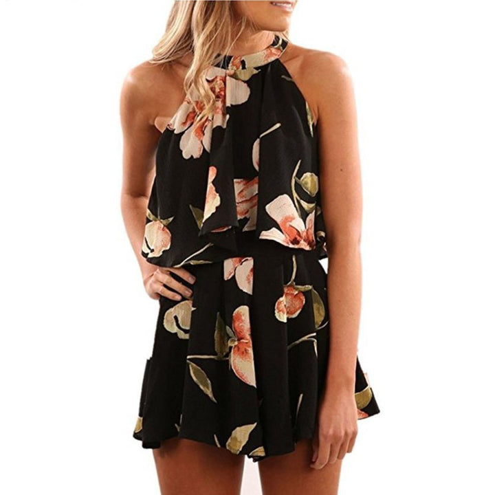 Tie Back Halter Top Floral Prints Two Piece Romper Jumpsuits