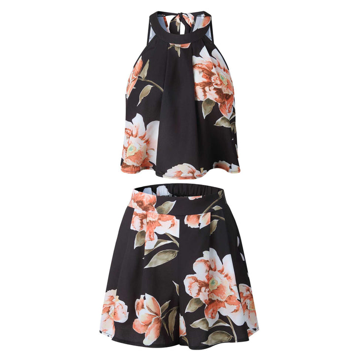 Tie Back Halter Top Floral Prints Two Piece Romper Jumpsuits