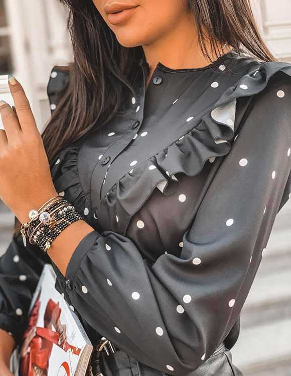 White Dotted Blouse Long Sleeve Ruffle Shirts With Dots