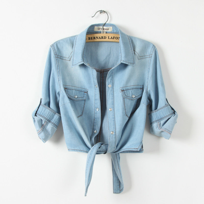 Front Tie Knot Denim shirt Crop Top Jean Blouse