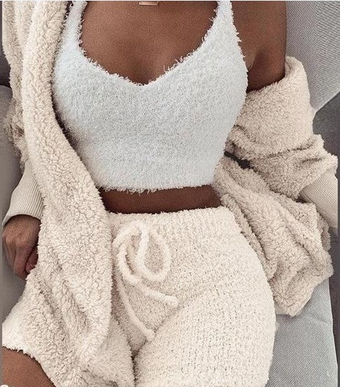 Comfy Faux Fur Crop Top Shorts And Jackets