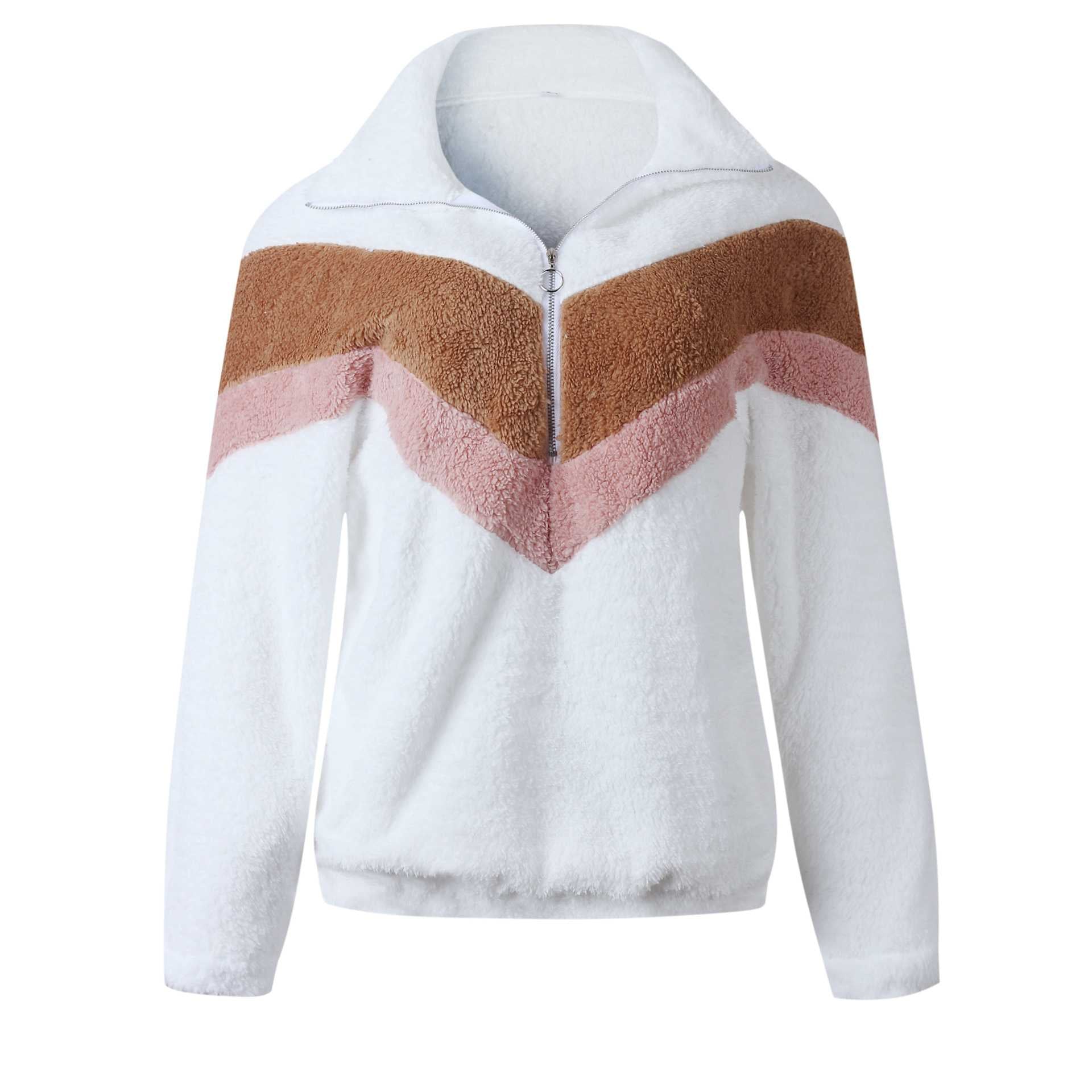 Cozy Colorblock Chevron Half Zip Faux Fur Sweatshirt Sherpa Pullover Jacket