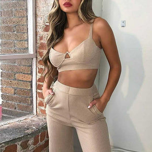 Knitted Two Piece Co ord Set Crop Top and Jogger Pant Outfit