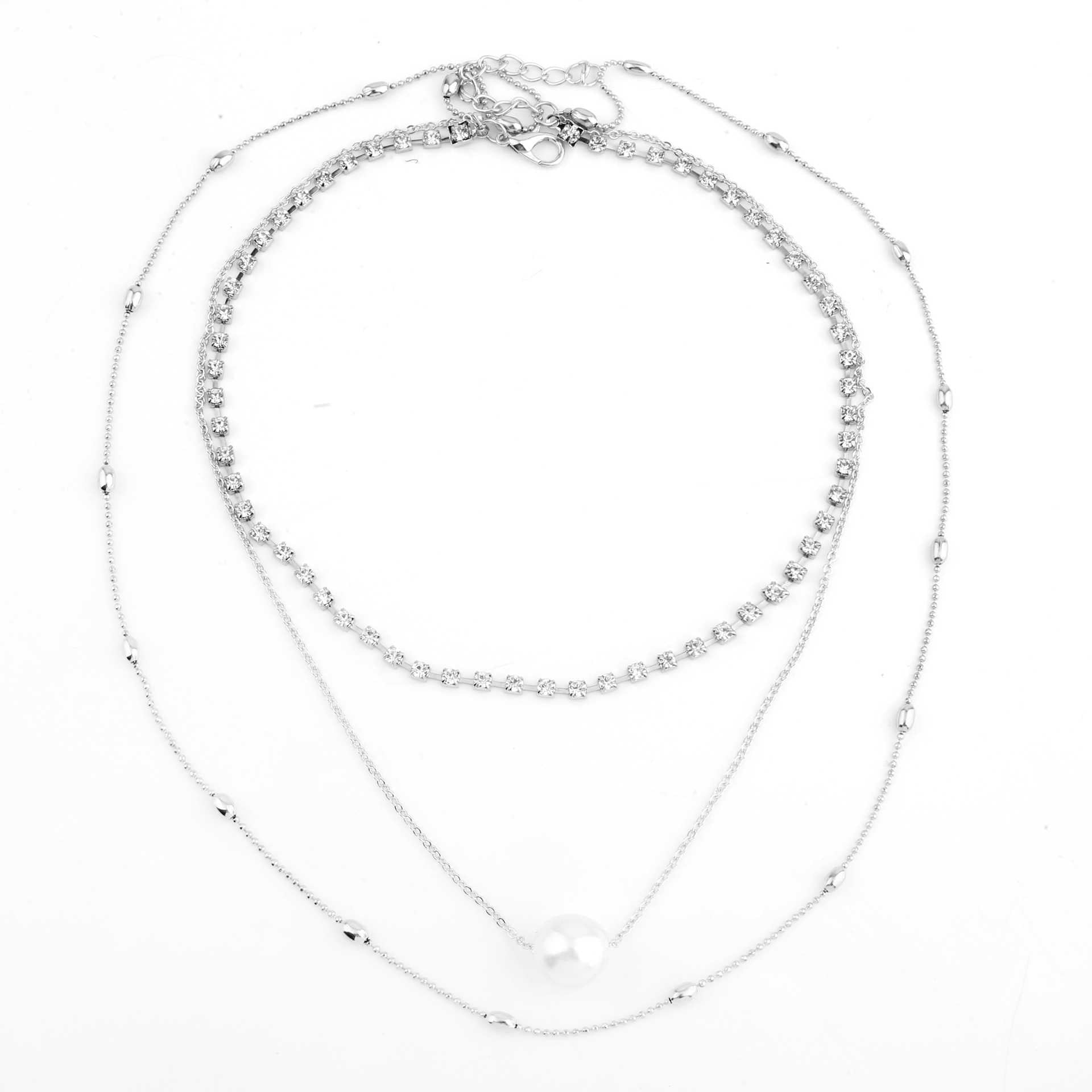 Silver Diamond Pendant Necklace Layered Long Necklace Pearl Choker