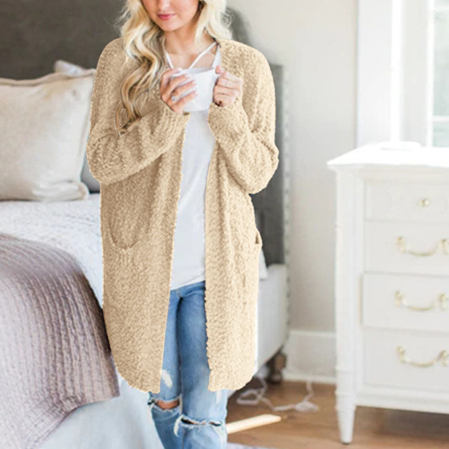 Oversized Fall Knitted Open Front Popcorn Long Cardigan Sweater With Pockets