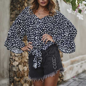 Bell Sleeve Painted Dots Tie Front Button Down Shirt