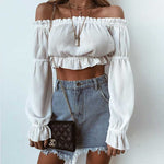Ruffle Off The Shoulder Lantern Long Sleeve Chiffon Crop top Blouses