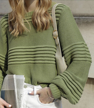 Rib True Knit Womens Round Neck Balloon Sleeve Sweater Jumper