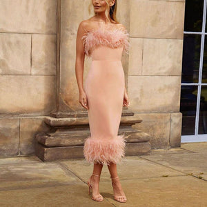 Pink Prom Dress With Feathers At The Bottom