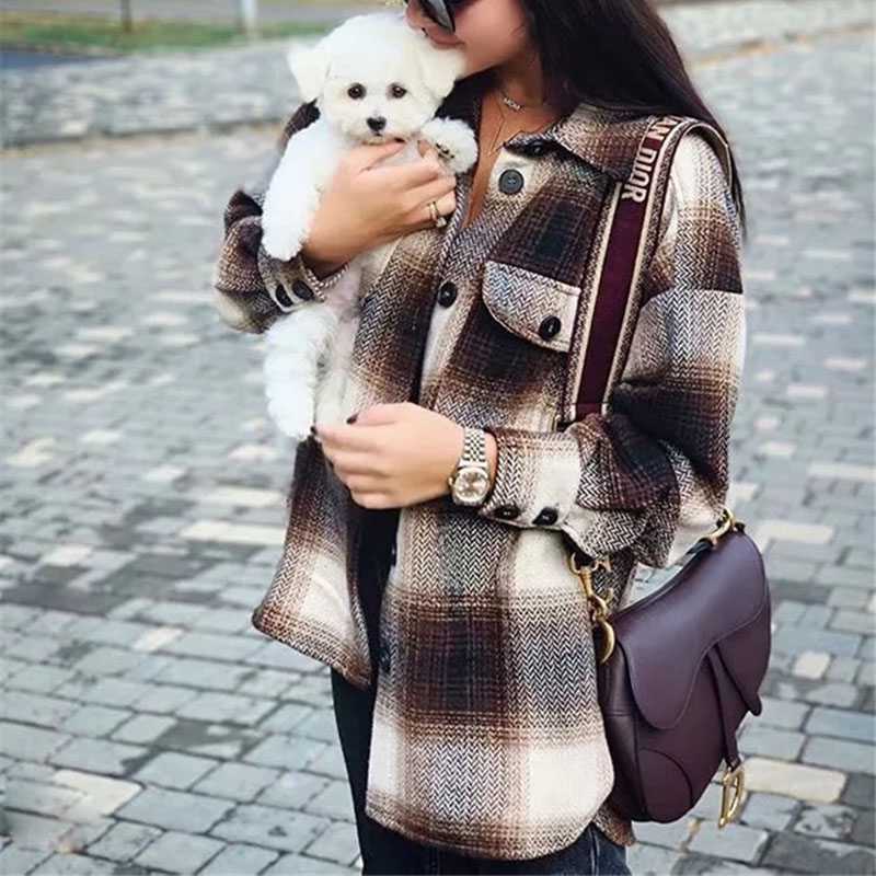 Classic Thick Colorblock Checked Button Down Shirt Jacket Woolen