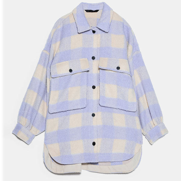 Checked Collared Overshirt Patch Pocket Wool Blend Tweed Jacket