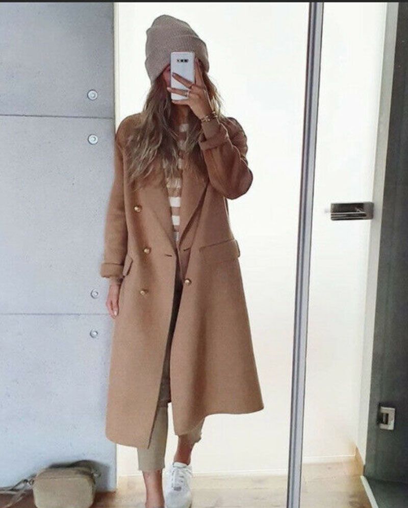 Cashmere Camel Beige Longline Double Breasted Knee Length Wool Trench Coat