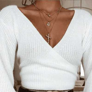 Oversized Tie Back Knitted Wrap Front Sweater Crop Tops