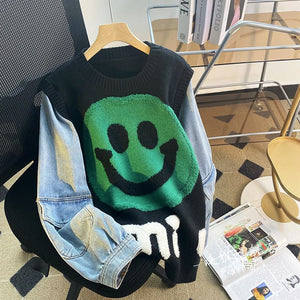 Y2k Aesthetic Smiley Face Color Block Knit Denim Sweatshirt Clothing –  sunifty