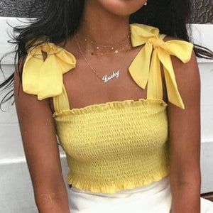 Curved Hem Trimmed Scrunch Tie Up Shoulder Ruched Crop Top Tanks