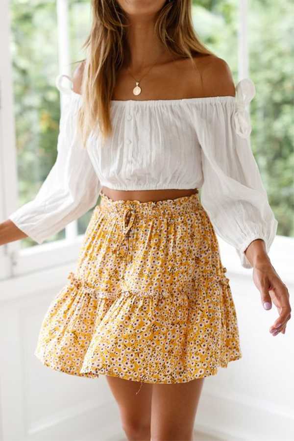 Aesthetic Hibiscus Paisley Elastic Band Boho Floral Tie Front High Waist Layered Ruffle Floral Skirt