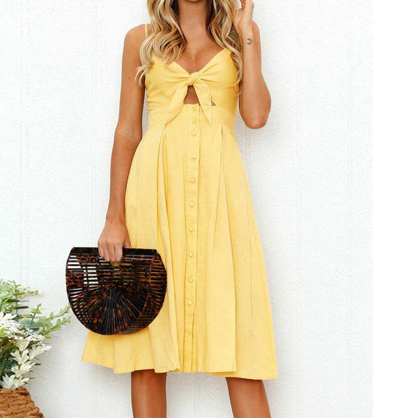 V Neck Front Knot Bow High Waisted Dress Pin Up