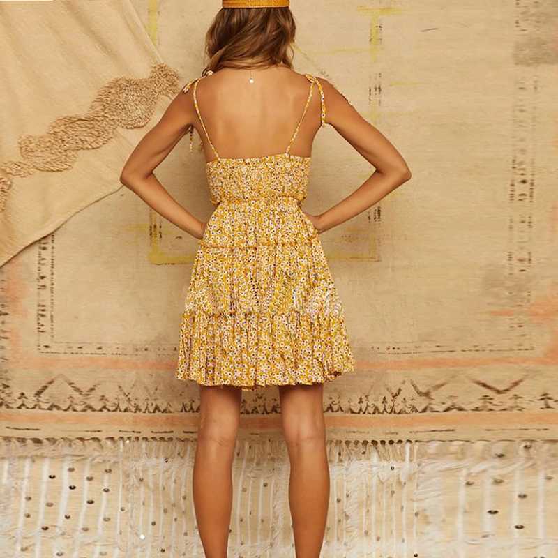 Mustard Yellow Floral Tie Shoulder Ruffle Dress With Frills at bottom