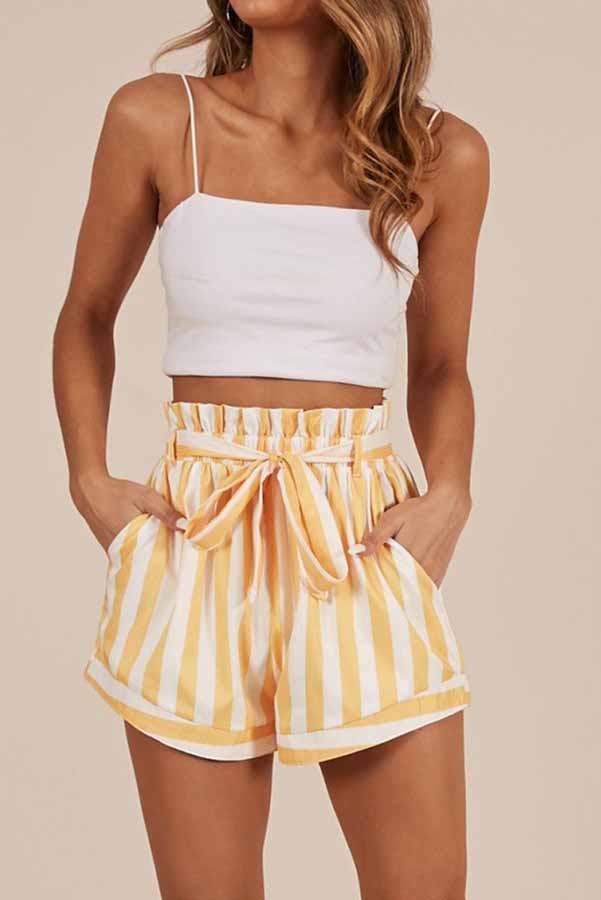 Striped High Waisted Paper bag Shorts Women's