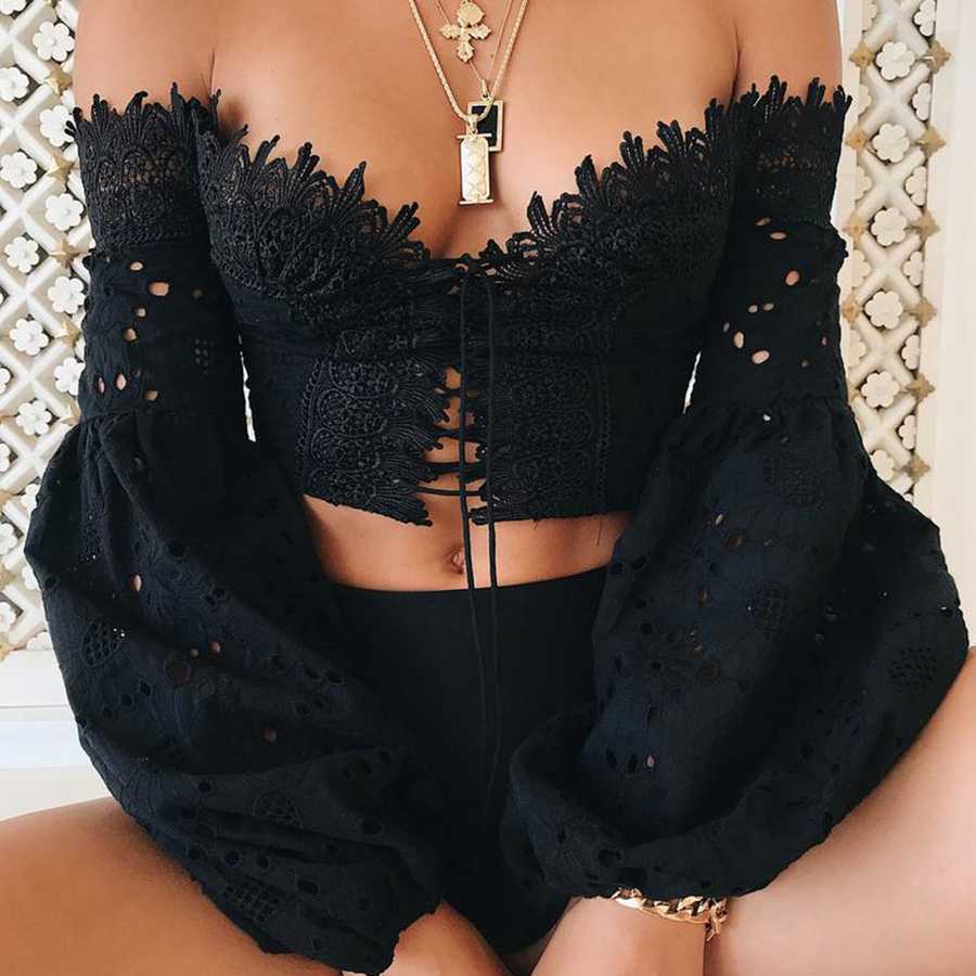 Eyelet Lace Crop Top Off Shoulder Puff Sleeve